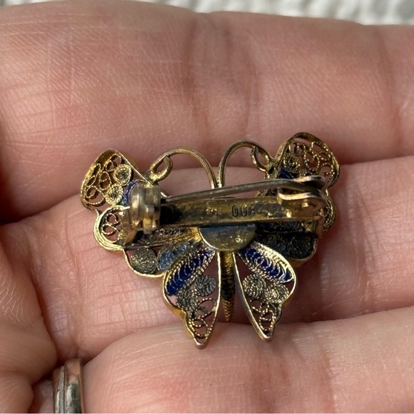 800 Silver Gold Tone Filigree Cloisonné Butterfly Brooch - Picture 3 of 4